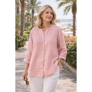 Tahari Size 2X Pink 100% Linen Button Front Blouse 3/4 Roll Tab Sleeve